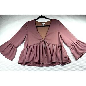 Tobi Boho Peasant Brown Top Sheer Puff Long Sleeve Crop Peplum Extra‎ Small